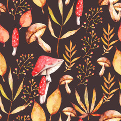 Watercolor seamless pattern. Leaf pattern, mushroom pattern - 572705790