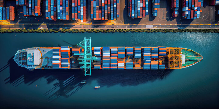 container ship with world map digital network, shipping import export transportation, industry concept, Generative AI
