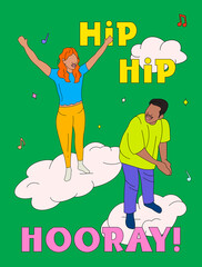 Greeting card style illustration of two people playing Filipino game, hip hip hooray, on a cloud with music notes and stars on a green background