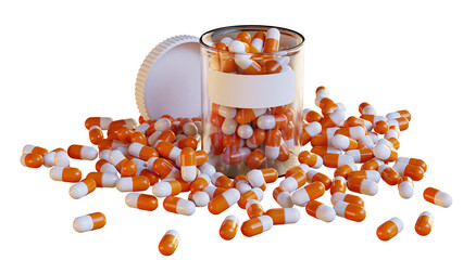 Pills bottle and empty label on PNG Transparent background. Health, medication use and medicine...