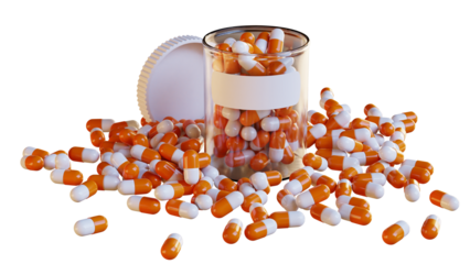 Pills bottle and empty label on PNG Transparent background. Health, medication use and medicine concept.	
