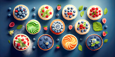 : top view cake dessert with fresh fruit decoration, food concept, generative AI