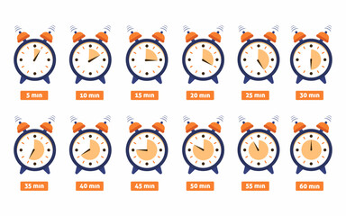 Set of round clocks showing different time, Timer and stopwatch icon set.