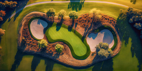 Aerial view of golf course, sports concept, Generative AI