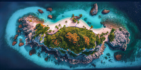 aerial view of isolated tropical island in the ocean - obrazy, fototapety, plakaty