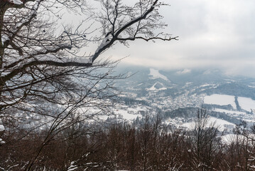 Fototapeta na wymiar Ostravice village from Medvedi skala in winter Moravskoslezske Beskydy mountains in Czech republic