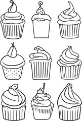Set of black and white graphic drawings of cupcakes with various types of toppings from fruits, candy and sweets. Colored in pastel colors. Looks delicious and interesting