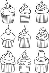Set of black and white graphic drawings of cupcakes with various types of toppings from fruits, candy and sweets. Colored in pastel colors. Looks delicious and interesting