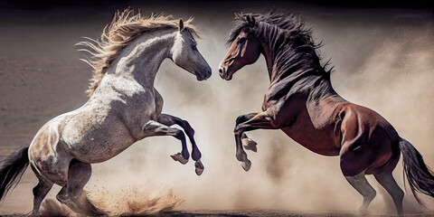 Dois cavalos a lutar no deserto, generativa ia - obrazy, fototapety, plakaty