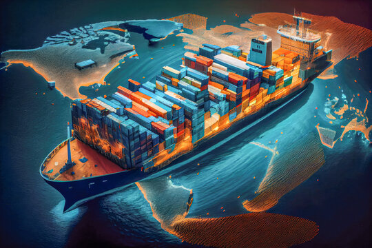 container ship with world map digital network, shipping import export transportation, industry concept, Generative AI