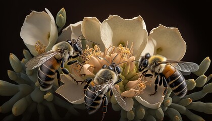 Bees finding Nectar, on Flower. Post-produced generative AI digital illustration.