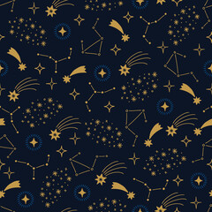 Fototapeta premium Magic seamless pattern with stars, comets and constellation. Vector illustration