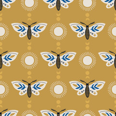 Magic seamless pattern with butterflies, sun and moon. Vector illustration