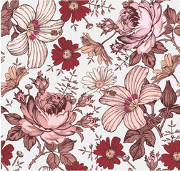 Seamless pattern. Beautiful pink blooming realistic isolated flowers. Vintage background. Set Chamomile Roses hibiscus mallow wildflowers. Wallpaper. Drawing engraving. Vector victorian Illustration © Наталья Лобенко