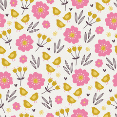 Easter seamless pattern with flowers, leaves and chicken. Vector illustration