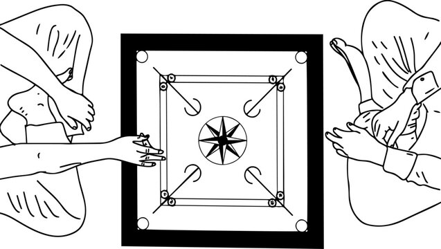 sketch drawing of carrom board player at home, black and white illustration silhouette of carrom board player