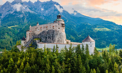 Fototapeta na wymiar Aerial View Hohenwerfen Castle and Fortress in Werfen, Austria, Showcasing Beauty of History and Nature from Above