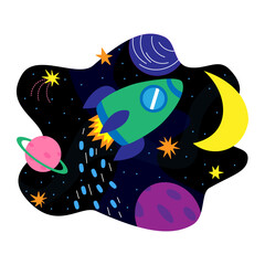 Space background illustration with rocket, planets, moon and stars. Space print design. Design for fashion fabrics, textile graphics, prints. Vector illustration isolated on white background. EPS 10