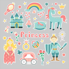 Princess set. Hand drawn childish illustration. Beautiful princesses, princ, castle, carriage and accessories. Vector illustration isolated on white background. EPS 10