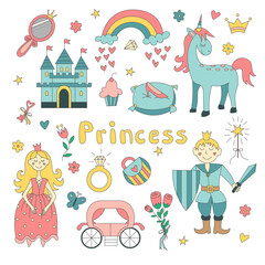 Princess set. Hand drawn childish illustration. Beautiful princesses, princ, castle, carriage and accessories. Vector illustration isolated on white background. EPS 10