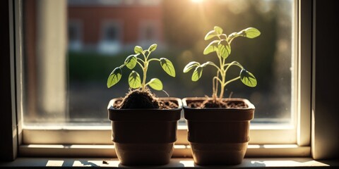 Realistic of seedlings on the windowsill in the sunshine. Seedling of plants in pots on windowsill. Planting, urban home balcony gardening concept. Generative AI