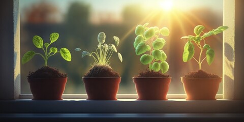 Realistic of seedlings on the windowsill in the sunshine. Seedling of plants in pots on windowsill. Planting, urban home balcony gardening concept. Generative AI