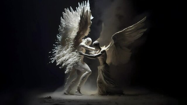 A fight against good versus evil. An angel is fighting a demon. 3D loping background