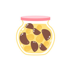 Marinated mushrooms in a glass jar. Cute cartoon print in pastel colors. Vector element isolated on a white background