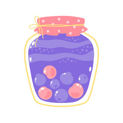 Blueberry cherry jam in a glass jar. Cute cartoon print in pastel colors. Vector dessert isolated on white background