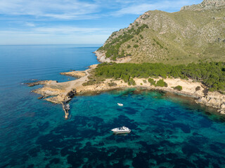 Aerial view, Colonia de Sant Pere near Betlem, Cap Ferrutx., Region Arta, Mallorca, Balearic Islands, Spain