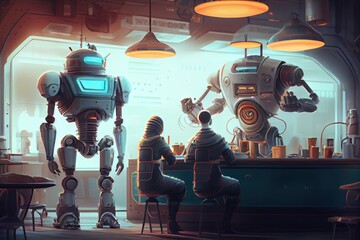 Generative AI illustration of a futuristic robot cafe with a wide range of robot customers, where robots of all shapes and sizes come to enjoy a cup of java or a sweet treat - obrazy, fototapety, plakaty
