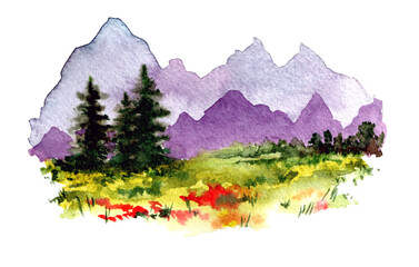 Watercolor vignette postcard illustration of a mountains landscape, isolated decorative element