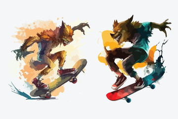cool werewolf is jumping with his skate board cartoon watercolor illustration set