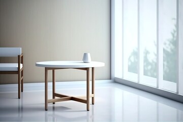 Fototapeta na wymiar 3d rendering of modern home interior with wooden top dining table foreground.