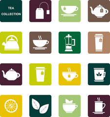 Collection of vector illustrations for tea: cup, teapot, tea, mug, leaf, lemon.