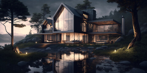 Fototapeta premium Modern stylish home at night. Generative AI