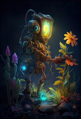 Fototapeta premium Generative AI illustration of the garden of bio luminescence, a steam punk robot tending to an otherworldly flower bed