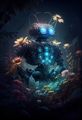 Generative AI illustration of the garden of bio luminescence, a steam punk robot tending to an otherworldly flower bed