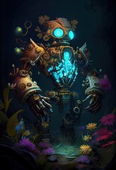 Generative AI illustration of the garden of bio luminescence, a steam punk robot tending to an otherworldly flower bed