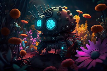 Generative AI illustration of the garden of bio luminescence, a steam punk robot tending to an otherworldly flower bed