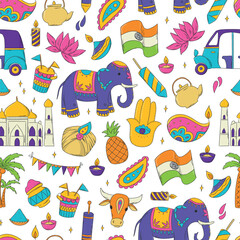 holi and diwali seamless pattern with doodles, cartoon elements. Good for wallpaper, wrapping paper, backgrounds, textile prints, scrapbooking, stationary, etc. EPS 10