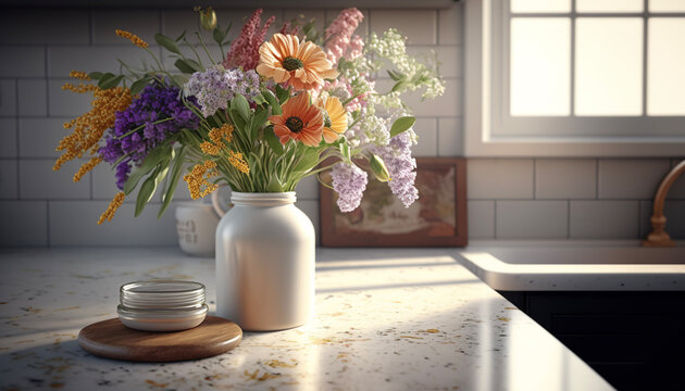 Flowers in vase on kitchen table. Generative AI.