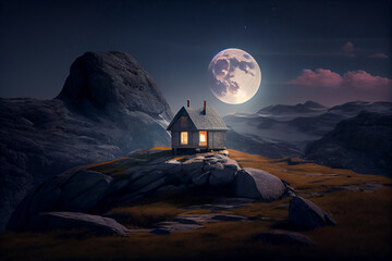 Ein einsames Haus auf einem Hügel im Mondschein