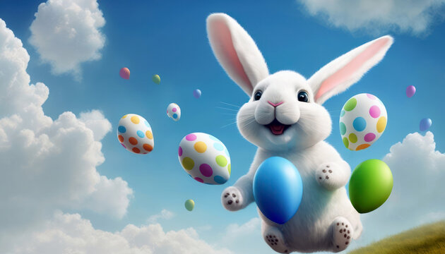 Happy Easter bunny and Easter eggs jumbing in Spring field, blue sky. Generative AI