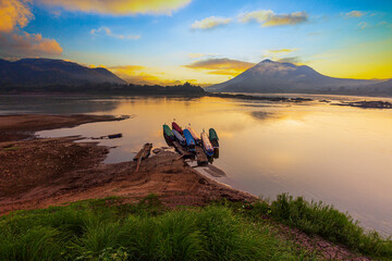 Beautiful view of the Mekong river in the morning,Kaeng Khut couple scenery, Chiang Khan, Thailand