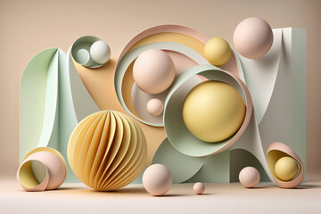 Pastel Spring Design - Abstract design with lines and spheres in soft pastel colors on a light background - Generative AI technology