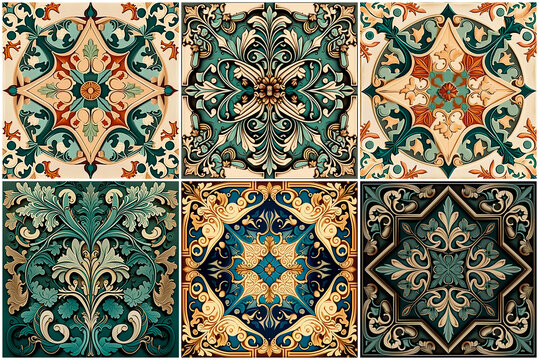 Teal and Gold Arts and Crafts movement style square tile pattern collection Generative AI
