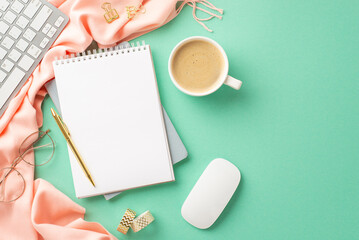 Spring season business concept. Top view photo of reminder keyboard computer mouse cup of coffee golden stationery glasses and pink plaid on isolated turquoise background with empty space
