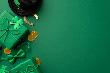 Saint Patrick's Day concept. Top view photo of gift boxes leprechaun headwear bow-tie gold coins...
