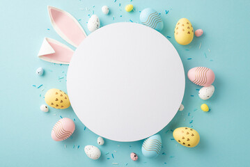Easter decor concept. Top view photo of white circle easter bunny ears yellow blue pink eggs and sprinkles on isolated pastel blue background with blank space